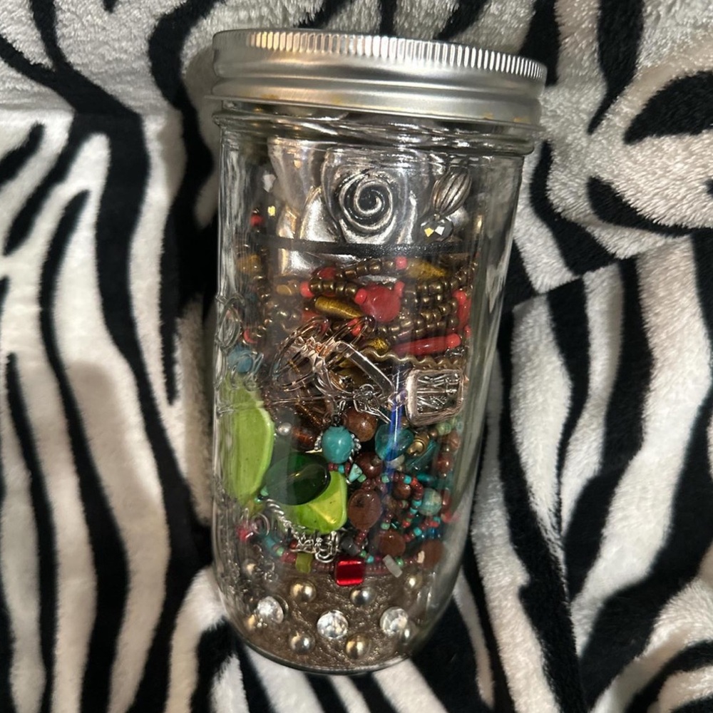 Boho, indie, mystery jewelry jar, large, very full, 200s, vintage